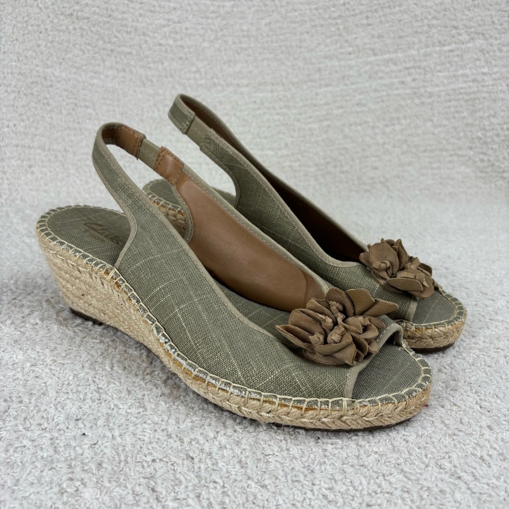 Clarks Sandals Womens 10M Green Petrina Bianca Textile Leather Espadrille Wedge